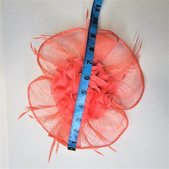 Coral Pink Fascinator Floral Rosette and Coral Feathers - Picture 9 of 10